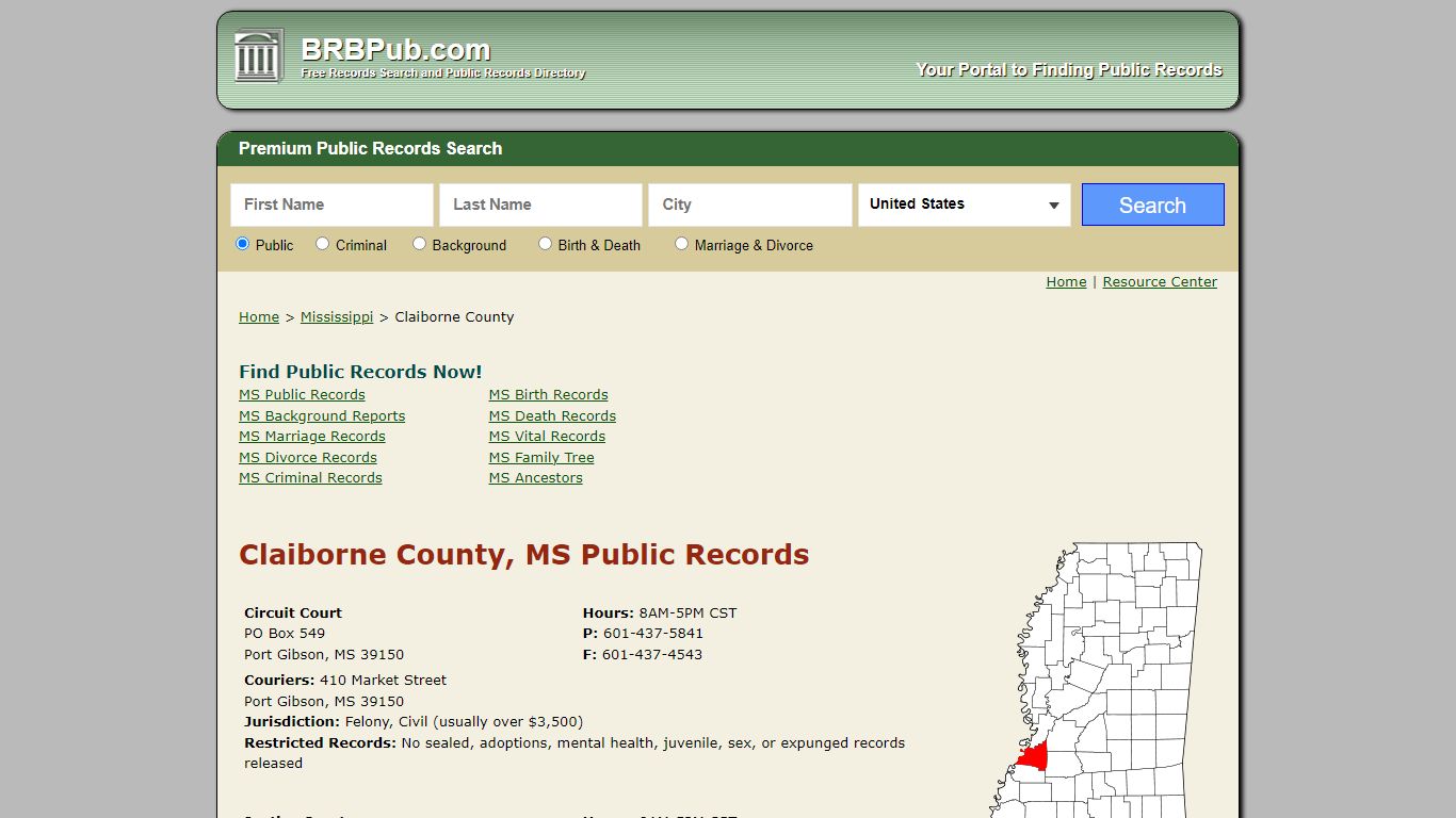 Claiborne County, MS Public Records - BRB Pub